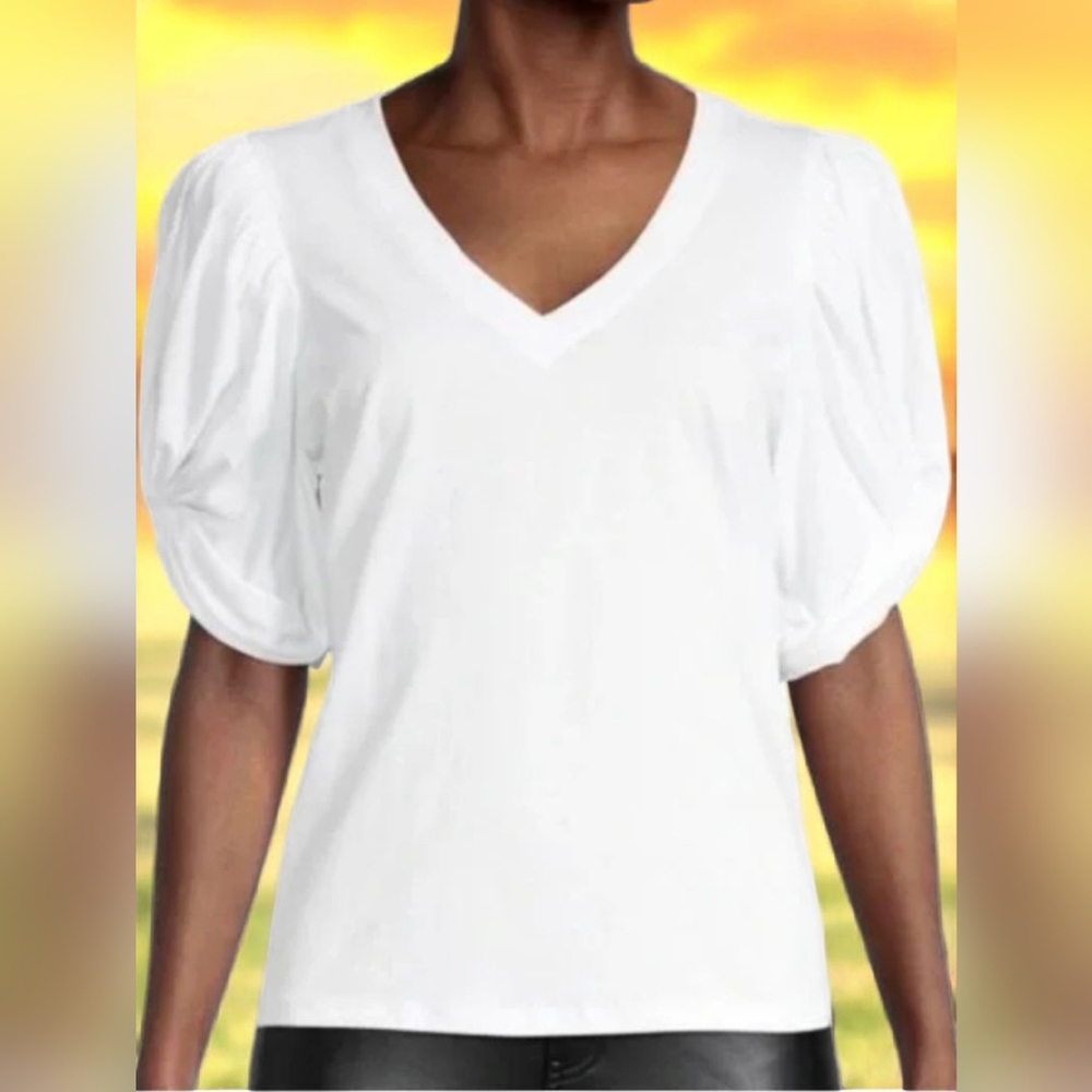 7 For All Mankind Ladies White Elegant  V-Neck Puff Sleeves Cotton T-Shirt